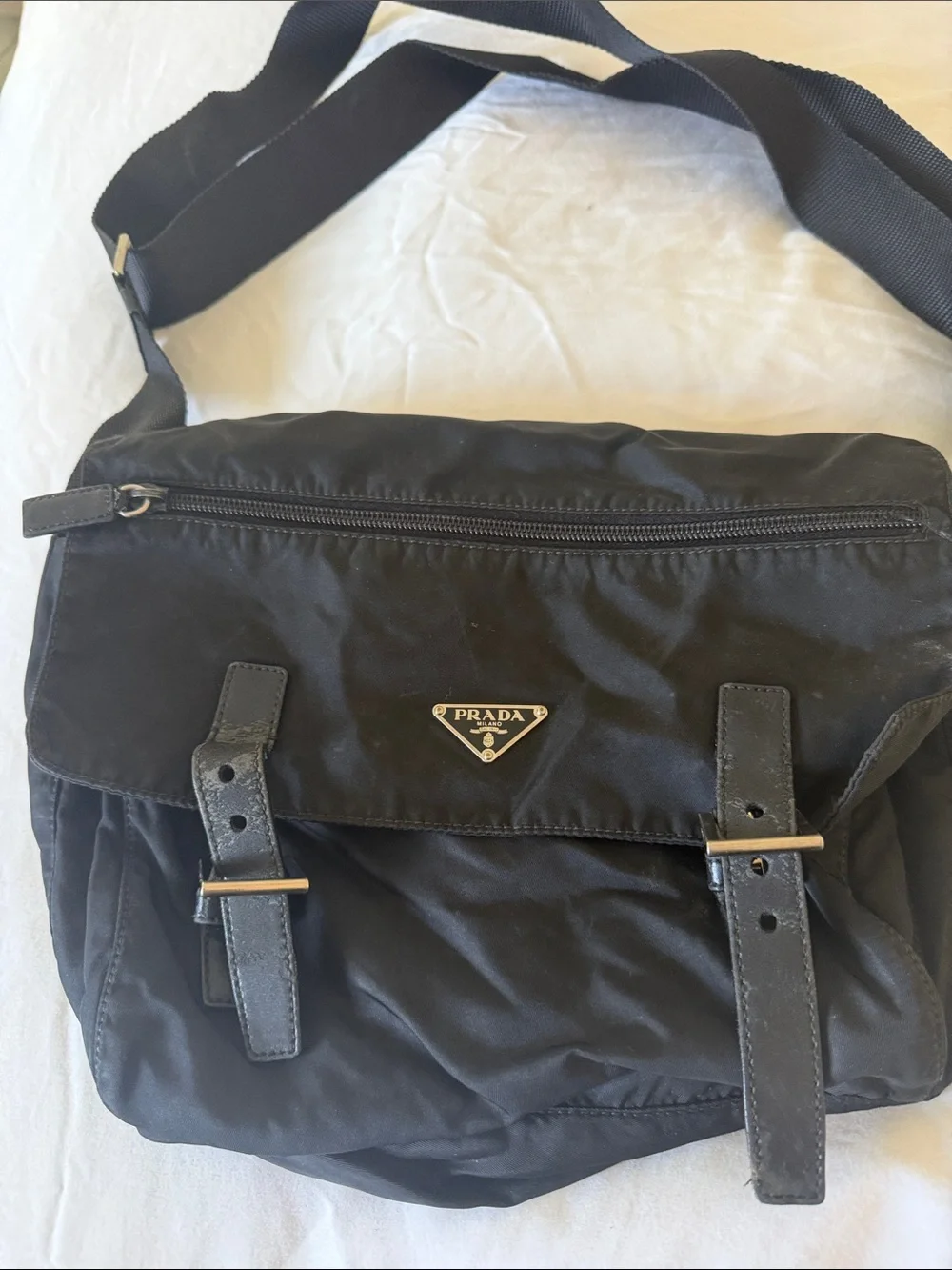 Prada Black Nylon Messenger Bag with Silver Logo